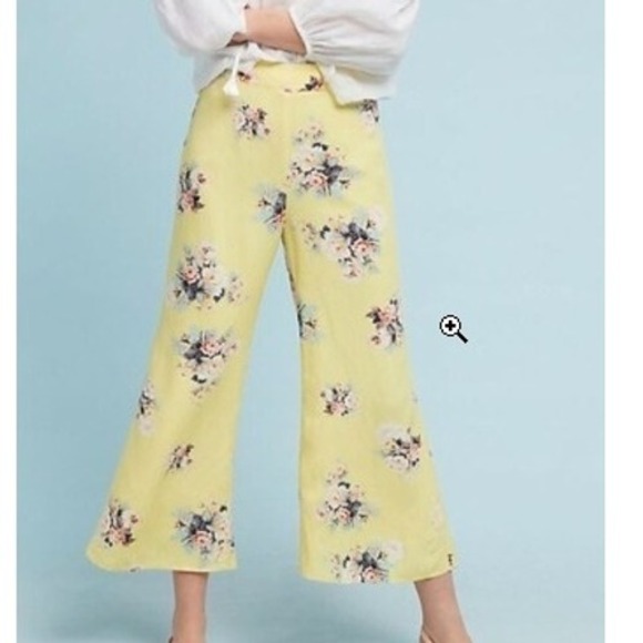 Anthropologie Pants - Anthropologie FEATHER BONE‎ Talese Yellow Floral Wide-Leg Crop Pants Size 8